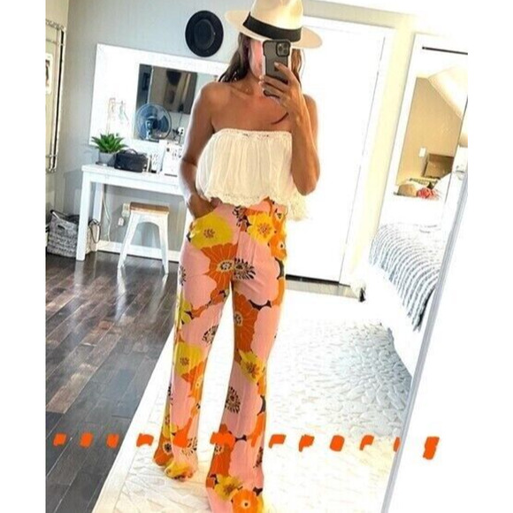 Zara Womens Pants Small Orange Pink Floral Flared Leg High Rise Retro BLOG FAVE - Picture 12 of 16